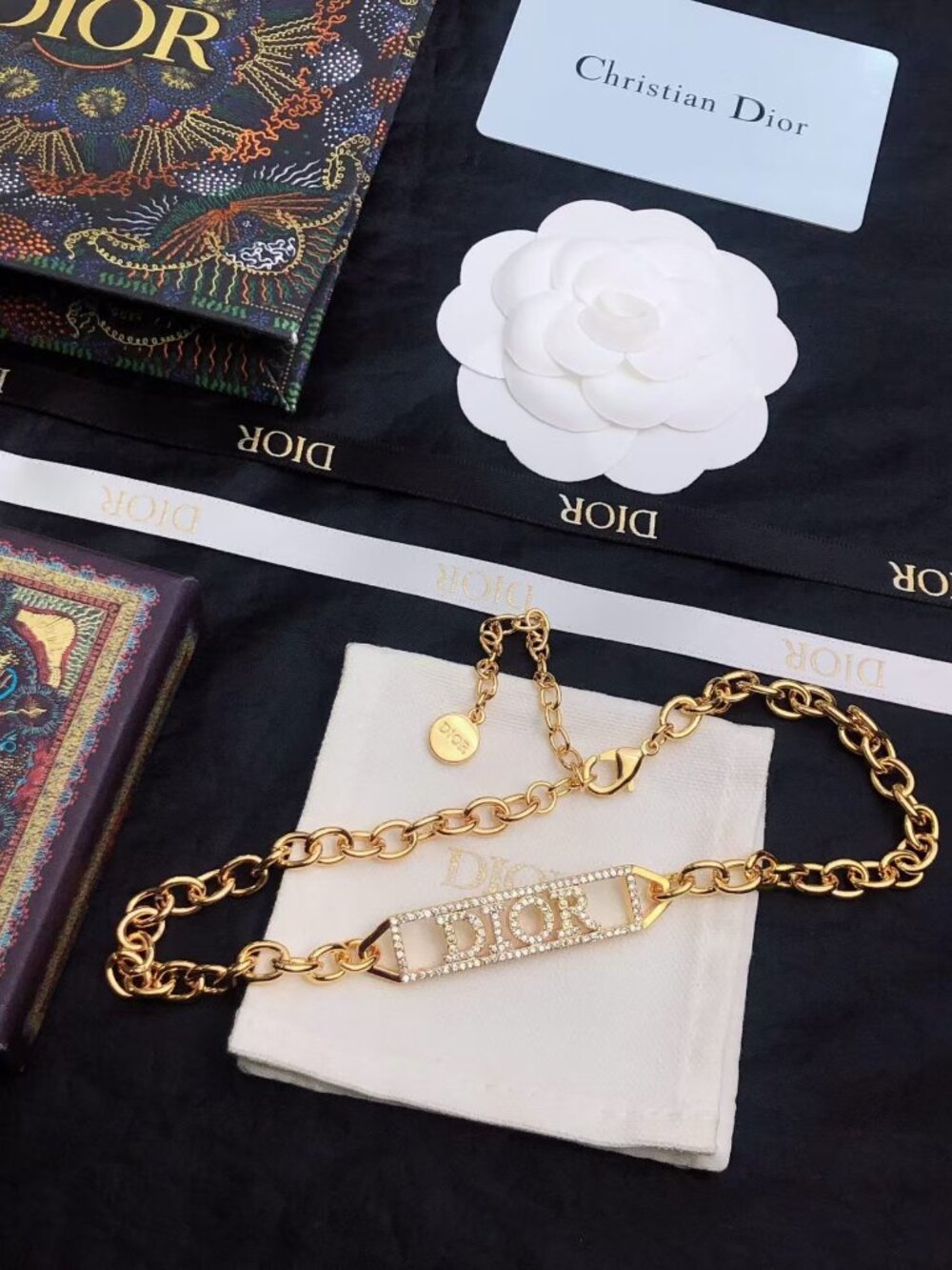Dior Chunky Link Crystal Encrusted Logo Adjustable Gold Bracelet - Picture 2 of 4
